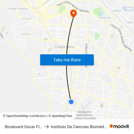 Boulevard Oscar Flores, 1300 to Instituto De Ciencias Biomédicas (Icb - Uacj) map