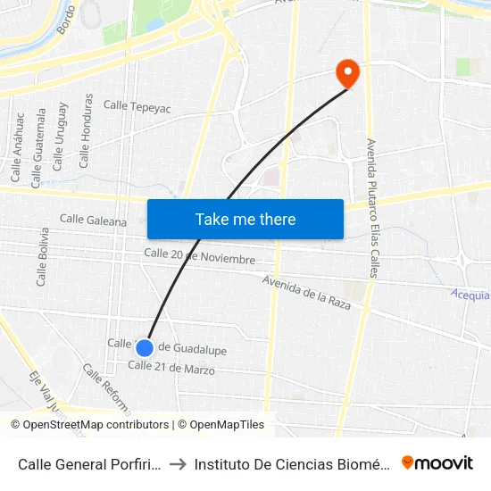 Calle General Porfirio Díaz, 1221 to Instituto De Ciencias Biomédicas (Icb - Uacj) map