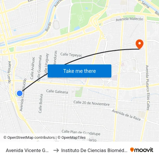 Avenida Vicente Guerrero, 623 to Instituto De Ciencias Biomédicas (Icb - Uacj) map