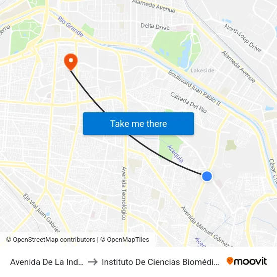 Avenida De La Industria, 65 to Instituto De Ciencias Biomédicas (Icb - Uacj) map