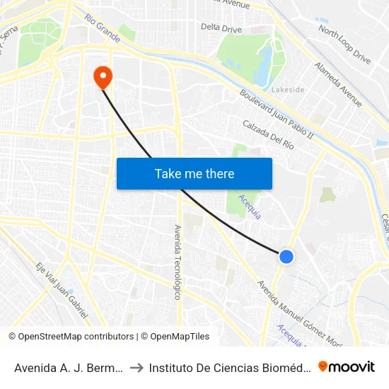 Avenida A. J. Bermúdez, 1865 to Instituto De Ciencias Biomédicas (Icb - Uacj) map