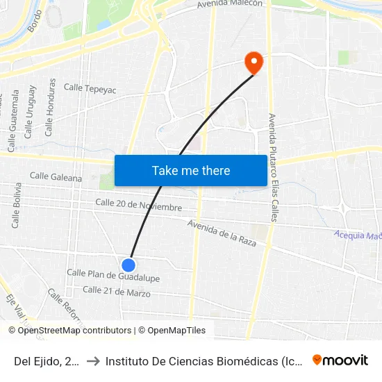 Del Ejido, 2862 to Instituto De Ciencias Biomédicas (Icb - Uacj) map