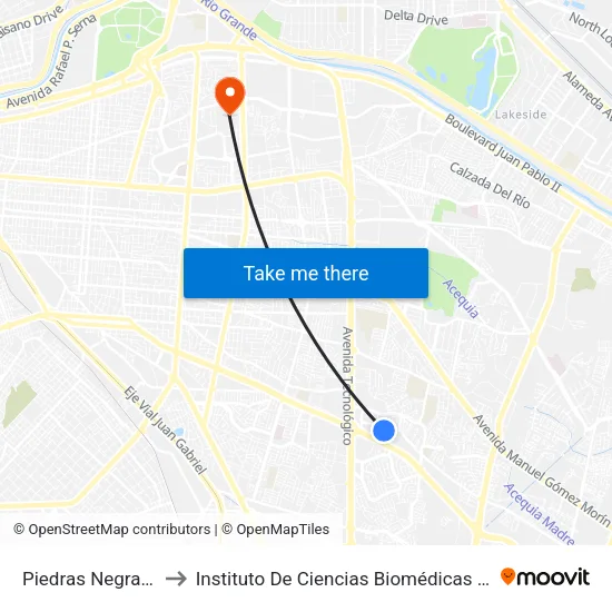 Piedras Negras, 135 to Instituto De Ciencias Biomédicas (Icb - Uacj) map