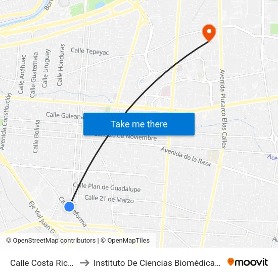 Calle Costa Rica, 1493 to Instituto De Ciencias Biomédicas (Icb - Uacj) map