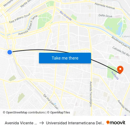 Avenida Vicente Guerrero, 142 to Universidad Interameticana Del Norte - Ciudad Juarez map