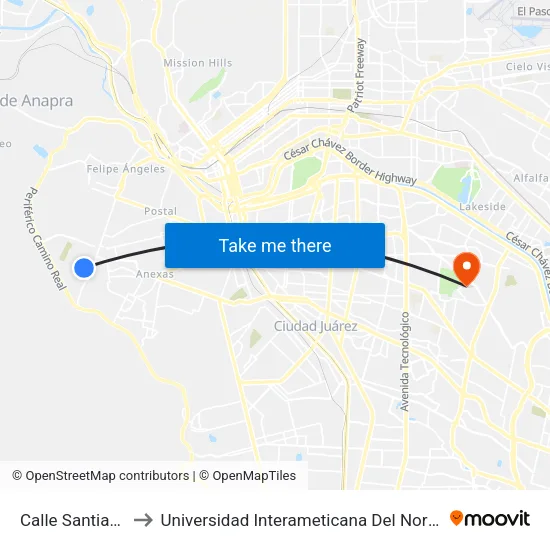 Calle Santiago 3703 to Universidad Interameticana Del Norte - Ciudad Juarez map