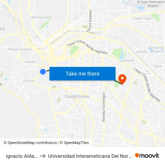 Ignacio Aldama 777 to Universidad Interameticana Del Norte - Ciudad Juarez map