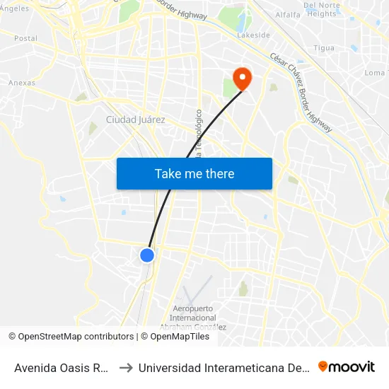 Avenida Oasis Revolución, 803 to Universidad Interameticana Del Norte - Ciudad Juarez map