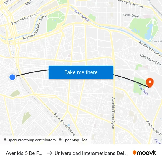 Avenida 5 De Febrero, 1338 to Universidad Interameticana Del Norte - Ciudad Juarez map