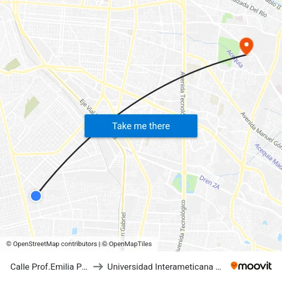 Calle Prof.Emilia Pérez Payán, 7111 to Universidad Interameticana Del Norte - Ciudad Juarez map