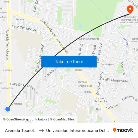 Avenida Tecnológico, 2153 to Universidad Interameticana Del Norte - Ciudad Juarez map
