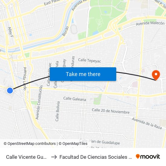 Calle Vicente Guerrero, 318 to Facultad De Ciencias Sociales Y Políticas: Uach map