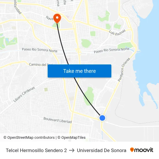 Telcel Hermosillo Sendero 2 to Universidad De Sonora map