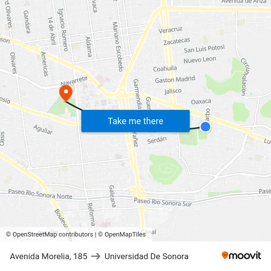 Avenida Morelia, 185 to Universidad De Sonora map