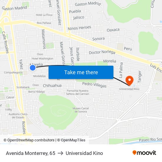 Avenida Monterrey, 65 to Universidad Kino map