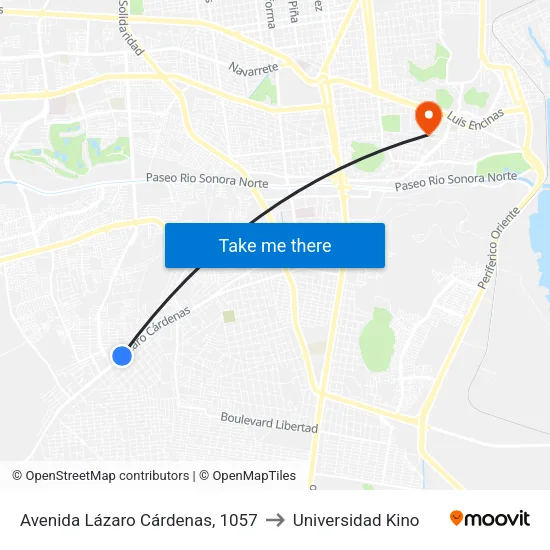 Avenida Lázaro Cárdenas, 1057 to Universidad Kino map