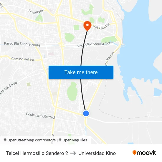 Telcel Hermosillo Sendero 2 to Universidad Kino map