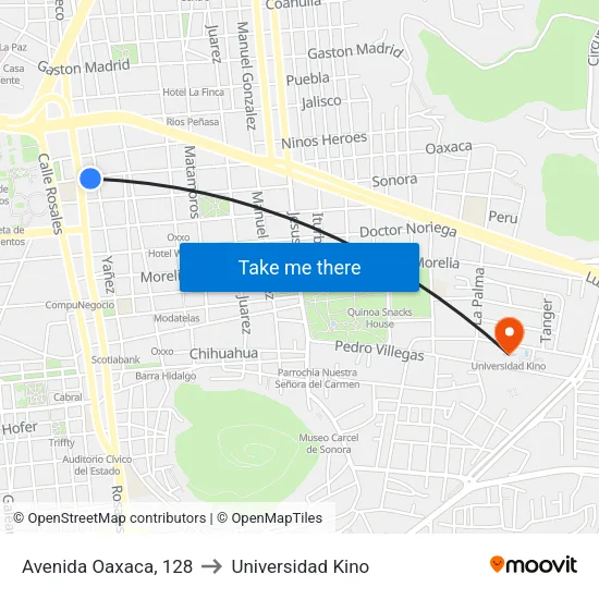 Avenida Oaxaca, 128 to Universidad Kino map