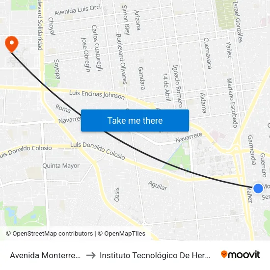 Avenida Monterrey, 65 to Instituto Tecnológico De Hermosillo map