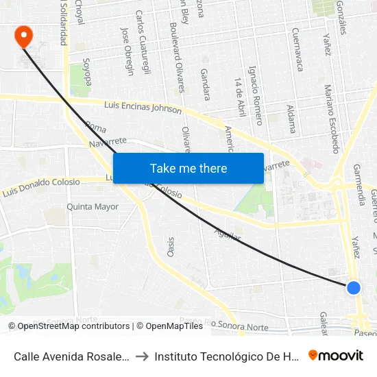 Calle Avenida Rosales, 1525 to Instituto Tecnológico De Hermosillo map