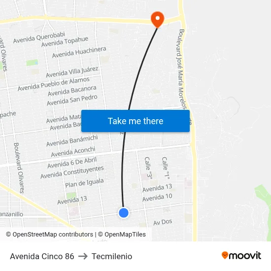 Avenida Cinco 86 to Tecmilenio map