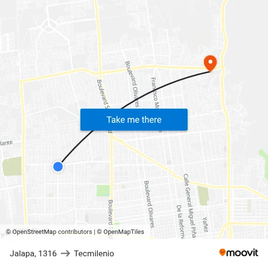 Jalapa, 1316 to Tecmilenio map