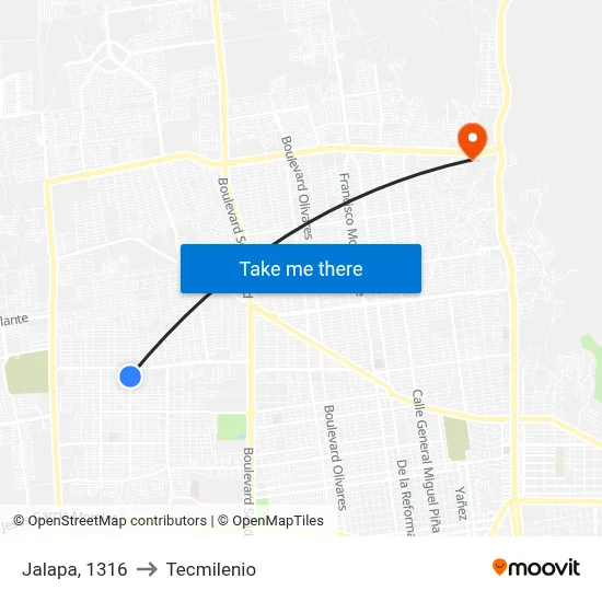 Jalapa, 1316 to Tecmilenio map