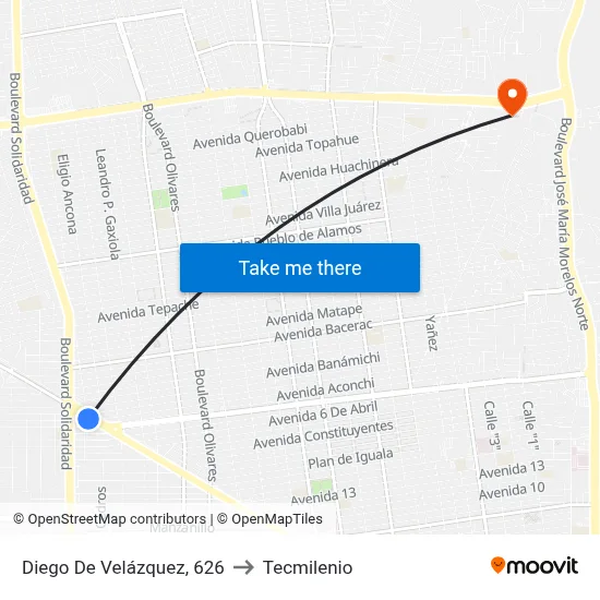 Diego De Velázquez, 626 to Tecmilenio map