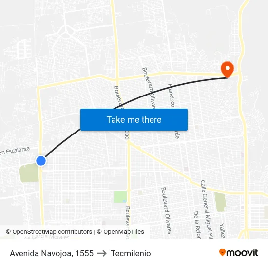 Avenida Navojoa, 1555 to Tecmilenio map
