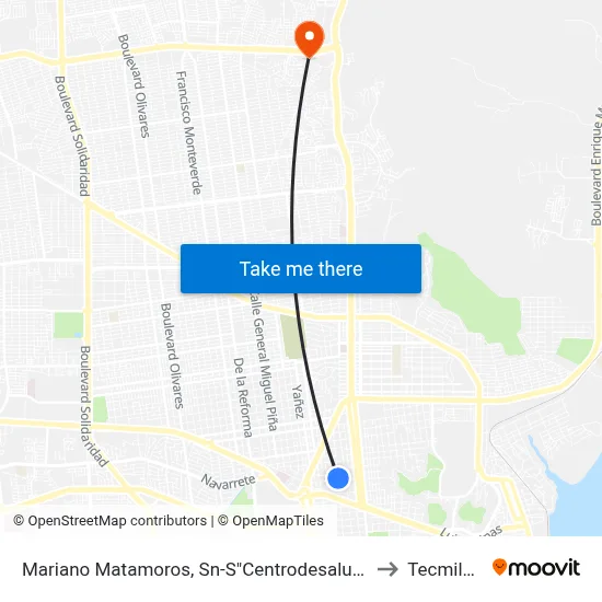 Mariano Matamoros, Sn-S"Centrodesaludolivares" to Tecmilenio map