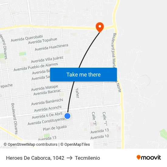 Heroes De Caborca, 1042 to Tecmilenio map