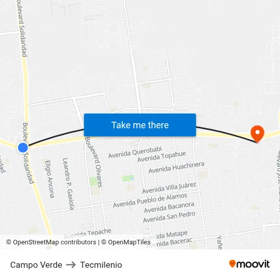 Campo Verde to Tecmilenio map