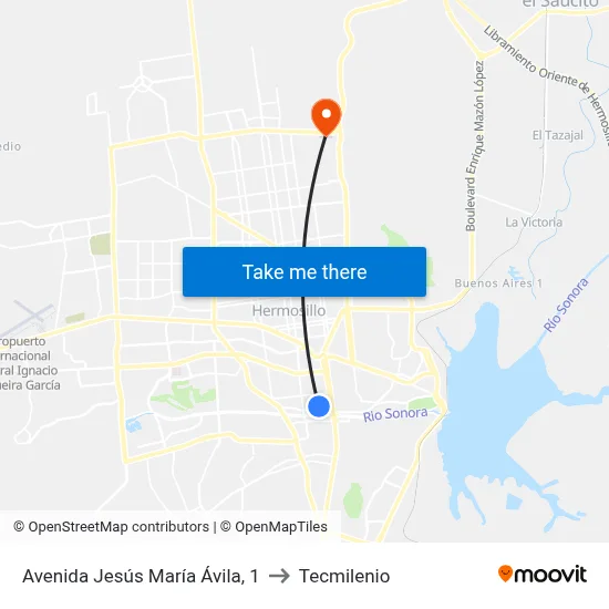 Avenida Jesús María Ávila, 1 to Tecmilenio map