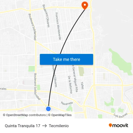 Quinta Tranquila 17 to Tecmilenio map