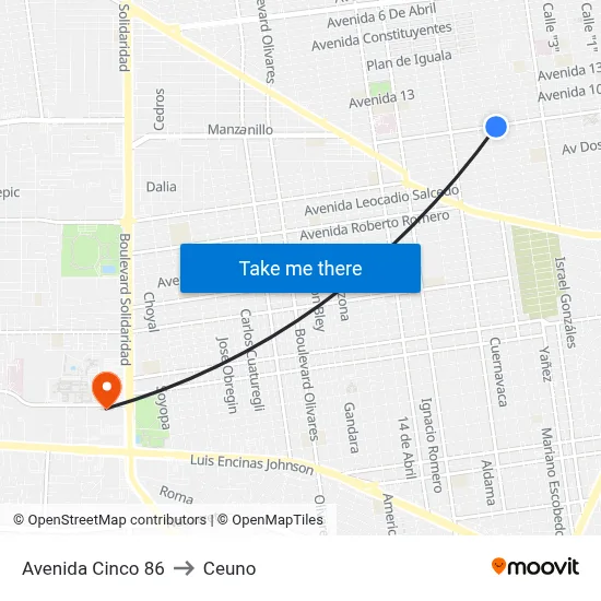 Avenida Cinco 86 to Ceuno map