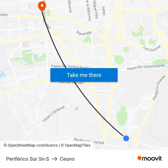 Periférico Sur Sn-S to Ceuno map