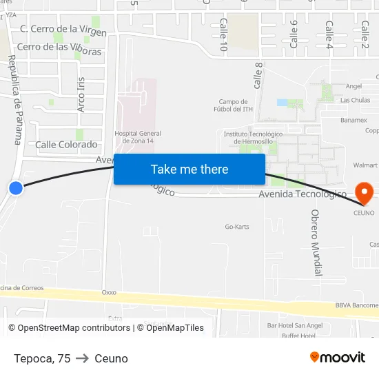 Tepoca, 75 to Ceuno map