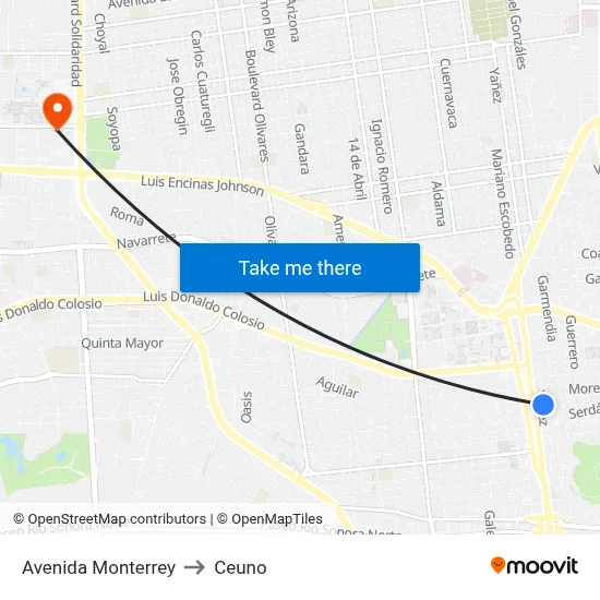Avenida Monterrey to Ceuno map