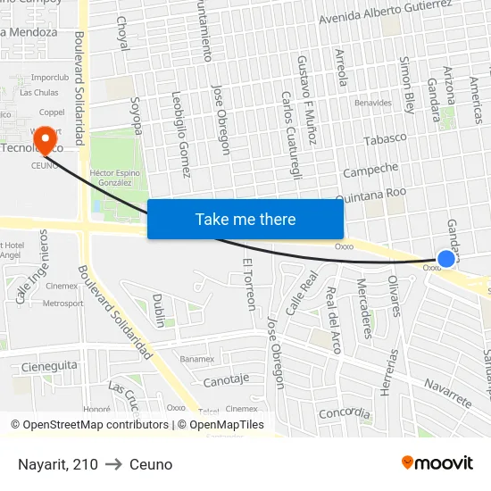 Nayarit, 210 to Ceuno map