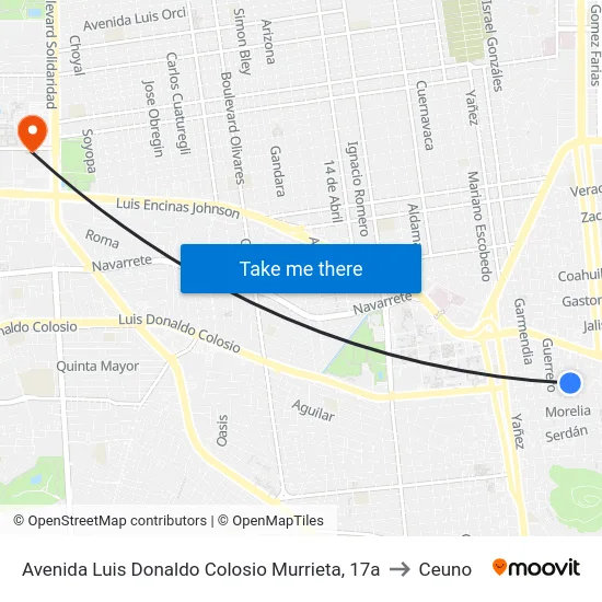 Avenida Luis Donaldo Colosio Murrieta, 17a to Ceuno map