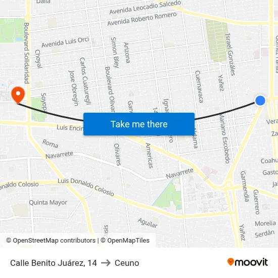 Calle Benito Juárez, 14 to Ceuno map