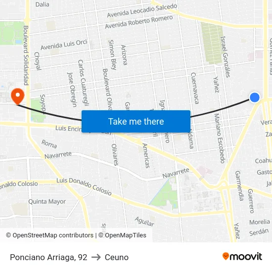 Ponciano Arriaga, 92 to Ceuno map