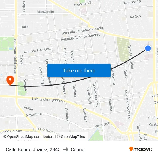 Calle Benito Juárez, 2345 to Ceuno map