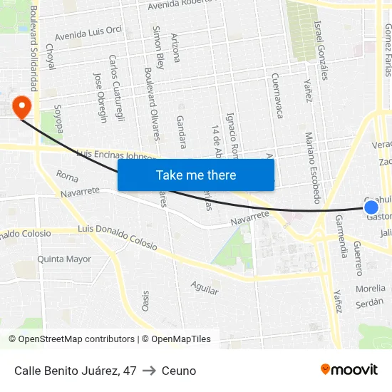 Calle Benito Juárez, 47 to Ceuno map