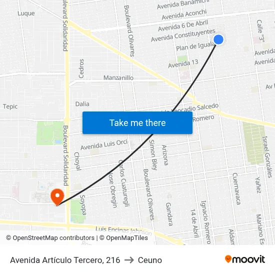 Avenida Artículo Tercero, 216 to Ceuno map