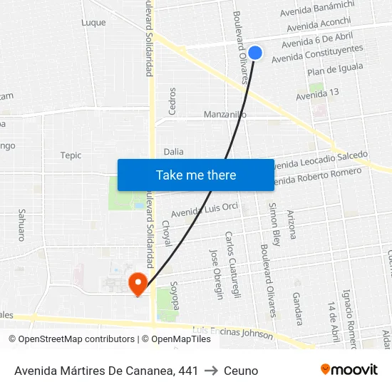 Avenida Mártires De Cananea, 441 to Ceuno map