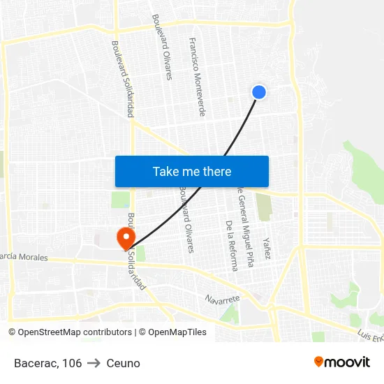 Bacerac, 106 to Ceuno map