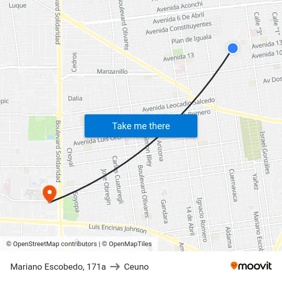 Mariano Escobedo, 171a to Ceuno map