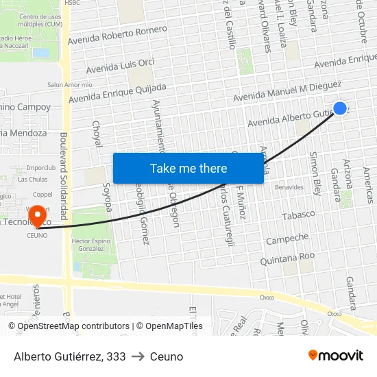 Alberto Gutiérrez, 333 to Ceuno map