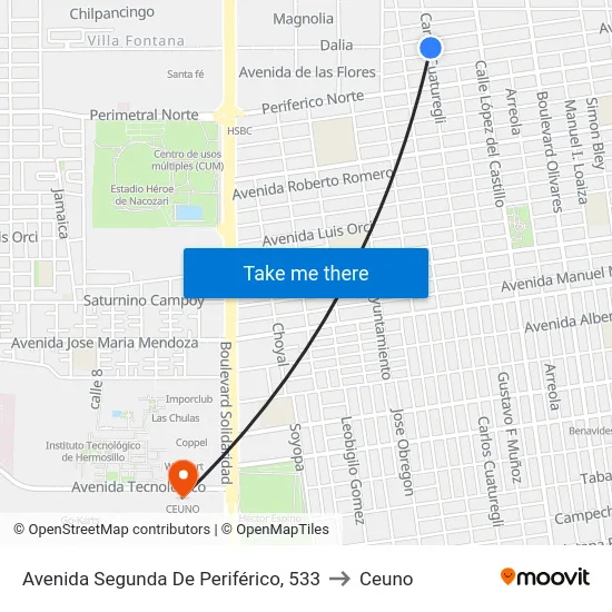 Avenida Segunda De Periférico, 533 to Ceuno map